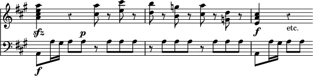 { << \new Staff \relative a' { \override Score.TimeSignature #'stencil = ##f \key a \major \override Score.Rest #'style = #'classical
<a cis e a>4\sfz r <cis a'>8 r <e cis'> r |
<d b'> r <b g'> r <cis a'> r <d g,> r | <cis a e>4\f r_"etc." }
\new Staff \relative a, { \clef bass \key a \major
a8\f a'16 gis a8 a^\p r a a a |
r a a a r a a a | a, a'16 gis a8 a } >> }