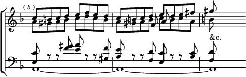 \new ChoirStaff << \override Score.TimeSignature #'stencil = ##f
\new Staff \relative c'' { \key d \minor \time 4/4 \mark \markup \tiny { (\italic"b") } <<
{ c8 b c d e f e d | c b c d e d e fis | gis } \\
{ a,8 gis a b c d c b | a gis a b c b c a | b } \\
{ s1 s4. f8 a } >> }
\new Staff \relative c' { \clef bass \key d \minor <<
{ <c e,>8 r r <f gis> <e a> r r <f gis,> |
<e a,> r r <d f,> <c e,> r r <c a> <d f,>^"&c." } \\
{ a,1 _~ a _~ a1*1/2 } >> } >>