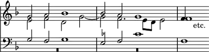 { \override Score.TimeSignature #'stencil = ##f << \time 4/2 \new Staff { \key f \major \relative g' << { g2 a bes1 | bes2 a g1 | f4 s_"etc." } \\ { e2 f d g ~ | g f2. e8 d e2 | f1 } >> }
\new Staff { \clef bass \key f \major << { g2 f g1 | \once \set suggestAccidentals = ##t ees2 f c'1 | f } \\ { R\breve R\breve } >> } >> }