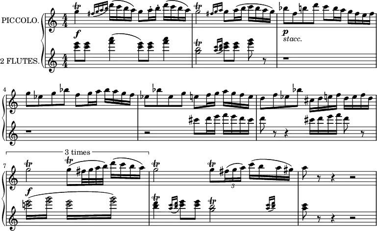
\new GrandStaff <<
  \new Staff = "piccolo" \with {
    instrumentName = "PICCOLO."
    midiInstrument = "flute"
  } \relative c'' {
    \transposition c'
    \numericTimeSignature
    \override TupletBracket.bracket-visibility = ##f
    g'4\trill\f \appoggiatura {fis16 g a b} d16( c b a) g8 a16\staccato b\staccato d( c b a)
    g2\trill \grace {fis16 g a} g8 a16( b c b a g)
    bes8\p_\markup {\italic "stacc."} f b d c b16 a g f e f
    g8 ees g bes f g16 a bes a g f
    ees8 bes' ees, g e f16 g a g f e
    d8 f ees bes' cis,16 d e f d e f d
    \tweak text "3 times"
    \tweak direction #UP
    \startMeasureSpanner
    g2\trill\f g8(\trill fis32 g a b) d16( c b a)
    \stopMeasureSpanner
    g2\trill g8\trill \tuplet 3/2 {fis16( g a)} c( b a gis)
    a8 r r4 r2
  }
  \new Staff = "flute" \with {
    instrumentName = "2 FLUTES."
    midiInstrument = "flute"
  } \relative c'' {
    \numericTimeSignature
    <c' e>8 <c e> <f a>4( <c e>8) <c e> <f a>4
    \autoBeamOff
    <g, b>2\trill \appoggiatura {<a c>16[ <b d>]} <c e>8[ <c e>] <e g> r
    \autoBeamOn
    r1
    r1
    r2 cis8 d16 e f e d cis
    d8 r r4 cis16 d e f d8 r
    \repeat tremolo 4 {<c! e>16( <e g>16} \repeat tremolo 4 {<c e>16 <e g>16)}
    <b d>4\trill \appoggiatura {<a c>16 <b d>} <c e>8 <c e> \afterGrace <g b>2\trill {<a c>16( <b d>)}
    <a c>8 r r4 r2
  }
>>
\layout {
  indent = 2\cm
  \context {
    \Staff
    \consists Measure_spanner_engraver
  }
}
