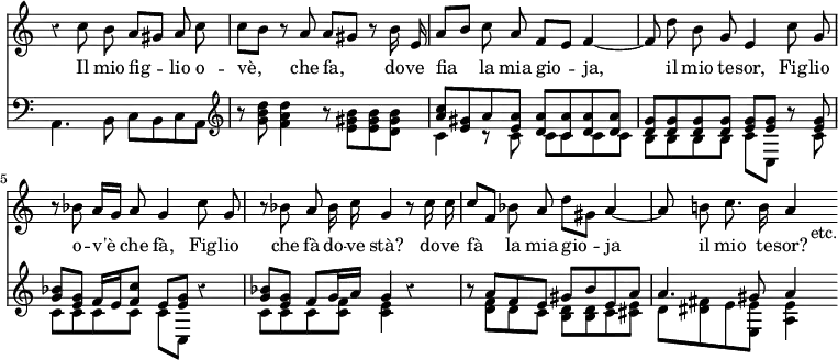 << \new Staff { \override Score.Rest #'style = #'classical \override Score.TimeSignature #'stencil = ##f \time 4/4 \relative c'' { \autoBeamOff r4 c8 b a[ gis] a c | c[ b] r a a[ gis] r b16 e, | a8[ b] c a f[ e] f4 ~ | f8 d' b g e4 c'8 g | r bes a16[ g] a8 g4 c8 g | r bes a bes16 c g4 r8 c16 c | c8[ f,] bes a d[ gis,] a4 ~ | a8 b! c8. b16 a4 s8_"etc." } }
\addlyrics { Il mio fig -- lio o -- vè, che fa, do -- ve fia la mia gio -- ja, il mio te -- sor, Fig -- lio o -- v'è che fà, Fig -- lio che fà do -- ve stà? do -- ve fà la mia gio -- ja il mio te -- sor? }
\new Staff << \clef bass \new Voice \relative a, { \stemDown a4. b8 c b c a | \clef treble r8 <g'' b d> <f a d>4 r8 <e gis b> q <d gis b> | c4 r8 c c c c c | b b b b c c, r c' | c c c c c c, r4 | c'8 c c <c f> <c e>4 r | r8 <d f> d c <b d> q c <cis e> | d <dis fis> e <e e,> <e a,>4 s8 }
\new Voice \relative c'' { s1 s <c a>8 <gis e> a <a e> <a d,> <a c,> <a d,> q | <g d> q q q <g e> q s <g e> | <bes g> <g e> f16 e <f c'>8 e <g e> s4 | <g bes>8 <g e> f g16 a g4 s | s8 a f e gis b e, a | a4. gis8 a4 } >> >>