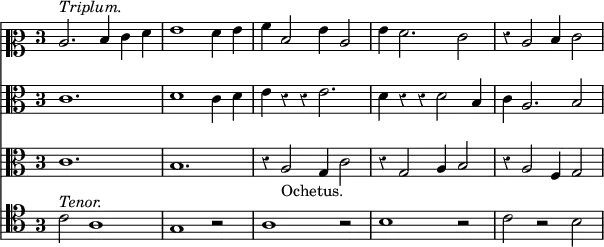 { \override Score.TimeSignature #'style = #'single-digit \time 3/2 \override Score.Rest #'style = #'classical << \new Staff { \clef mezzosoprano \relative c' { c2.^ \markup { \italic "Triplum." } d4 e f | g1 f4 g | a d,2 g4 c,2 | g'4 f2. e2 | r4 c2 d4 e2 } }
\new Staff { \clef alto \relative c' { c1. | d1 c4 d | e r r e2. | d4 r r d2 b4 c a2. b2 } }
\new Staff { \clef alto \relative c' { c1. b | r4 a2_"Ochetus." g4 c2 | r4 g2 a4 b2 | r4 a2 f4 g2 } }
\new Staff { \clef tenor \relative c' { c2^\markup { \italic Tenor. } a1 g r2 a1 r2 b1 r2 c r b } } >> }