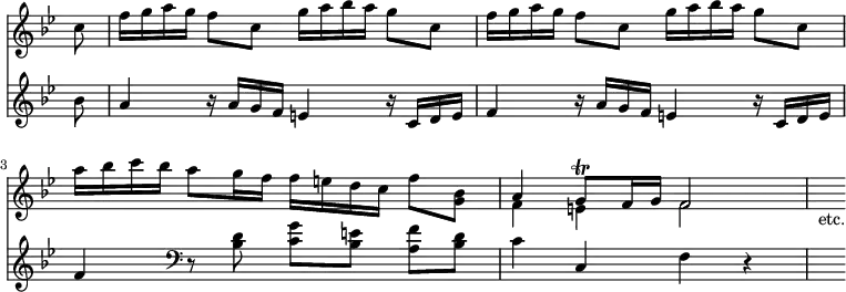 { << \new Staff \relative c'' { \key bes \major \override Score.TimeSignature #'stencil = ##f \partial 8
  c8 | \repeat unfold 2 { f16 g a g f8 c g'16 a bes a g8 c, }
  a'16 bes c bes a8 g16 f f e d c f8 <bes, g> | %end line 2
  << { a4 g8\trill f16 g f2 } \\ { f4 e f2 } >> | s4_"etc." }
\new Staff \relative b' { \key bes \major
  bes8 | a4 r16 a g f e4 r16 c d e | f4 r16 a g f e4 r16 c d e |
  f4 \clef bass r8 <d bes> <c g'>[ <bes e>] <a f'> <bes d> | %eol2
  c4 c, f r | s } >> }
