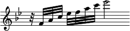 
{\clef treble
\override Staff.TimeSignature #'stencil = ##f %hide the automatic time signature
\key bes \major
\autoBeamOff
r32 f'[ a' c''] ees''[ f'' a'' c'''] ees'''2}
