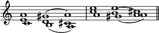 { \override Score.TimeSignature #'stencil = ##f \time 3/1 \key c \major << { a'1 gis'^( a') | e'' e'' cis'' \bar "||" } \\ { e'1 d' cis' | c'' b'^( a') } \\ { c'1 b_( a) | a' gis'_( a') } >> }
