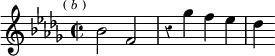\relative b' { \key bes \minor \time 2/2 \override Score.Rest #'style = #'classical \mark \markup \tiny { ( \italic b ) } bes2 f | r4 ges' f ees | des }