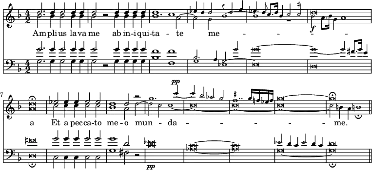 { \override Score.Rest #'style = #'classical << \new Staff << \time 4/2 \key d \minor
\new Voice { \relative d'' { \stemUp d2. d4 d2 d4 d | d2 r d4 d d d
d1 c | \tiny ees4 d d2 r4 d2 f4 | ees4. d8 c8. d16 bes4 c2 \once \set suggestAccidentals = ##t cis |
d\breve | d\fermata | \normalsize ees2 ees4 ees ees2 ees |
d1 d2 \tiny r | g1. c2^\pp ~ | c bes aes g | \once \set suggestAccidentals = ##t fis1.. g16 f ees f |
g\breve ~ | g\fermata \bar "||" } }
\new Voice = "altus" { \relative b' { \stemDown bes2. bes4 bes2 bes4 bes | bes2 r bes4 bes bes bes |
bes1. a2 ~ | \tiny a g bes1 ~ | bes r |
bes2\f a8. bes16 g4 a1 | a\breve | \normalsize c2 c4 c c2 c |
bes1 a2 \tiny d ~ | d c c1 _~ | c\breve _~ | c _~ | c _~ | c2 b4 a b!1_\fermata } }
>>
\new Lyrics \lyricsto "altus" { Am -- pli -- us la -- va me ab in -- i -- qui -- ta -- te me -- _ _ _ _ _ _ a Et a pec -- ca -- to me -- o mun -- _ da -- me. }
\new Staff << \clef bass \key d \minor
\new Voice { \relative g' { \stemUp g2. g4 g2 g4 g | g2 r g4 g g g |
f1 f | \tiny bes,2. a4 g2 g' | g\breve ~ |
g1 ~ g2 fis8. g16 e4 | fis\breve | \normalsize g2 g4 g g2 g |
g1 d2 \tiny r | ees\breve\pp | c ~ c |
ees2 d4 c ees2 d4 c d\breve } }
\new Voice { \stemDown g2. g4 g2 g4 g | g2 r g4 g g g |
bes1 f | \tiny g ees ~ | ees\breve |
d\breve | d_\fermata | \normalsize c2 c4 c c2 c |
g1 fis2 \tiny r | c'\breve aes _~ aes |
g _~ g_\fermata } >>
>> }