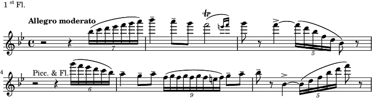 
\header {
  piece = \markup \line {1\super{st} Fl.}
}
\new Staff \with {midiInstrument = "flute"} \relative c'' {
  \key bes \major
  \tempo "Allegro moderato"
  r2 r4 \tuplet 7/4 {bes'16( c d ees f g a)}
  bes4\tenuto a8\tenuto g \afterGrace f2(\trill {e16 f)}
  g8 r f4~\accent \tuplet 5/4 {f16( d bes f d} bes8) r
  r2^"Picc. & Fl." r4 \tuplet 6/4 {g''16( f ees d c bes)}
  a4\tenuto g8\tenuto a\tenuto \tuplet 9/4 {f16( g f g f g f e f)} g8\tenuto a\tenuto
  bes\tenuto r bes,4~\accent \tuplet 5/4 {bes16( d f bes d} f8) r
}
