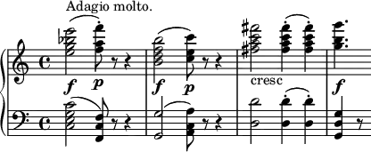 
\relative c'' {
  \new PianoStaff <<
    \new Staff {
       <e g bes e>2(\f^"Adagio molto." <f a f'>8-.)\p r8 r4 |
       <b, d f b>2(\f <c e c'>8)\p r8 r4 |
       <fis a c fis>2_"cresc" <fis a c fis>4-.( q-.) |
       <g b g'>4.\f
    }
    \new Staff {
      \clef "bass"
        <c,,, e g c>2( <f, c' f>8) r8 r4 |
        <g g'>2( <a c a'>8) r8 r4 |
        <d d'>2 q4-.( q4-.) |
        <g, d' g>4 r8
    }
  >>
}
