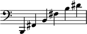 { \override Score.TimeSignature #'stencil = ##f \time 6/4 { \clef bass b,, fis, b, fis b dis' } }