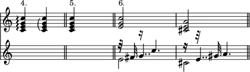 { \override Score.TimeSignature #'stencil = ##f \time 2/4 << \relative c' { <c e g c>4\arpeggio^"4." | \arpeggioParenthesis <c e g c>\arpeggio \bar "||" <c e g c>^"5." s4 \bar "||" <e g c>2^"6." | <cis e a> \bar "||" }
\new Staff { \relative c'' { s2 | s2 | << { r16 r c4. | r16 r32 gis32 a4. | } \\ { e2 | cis2 } \\ { r32 fis32 g4.. r16 e4.. } >> } } >> }