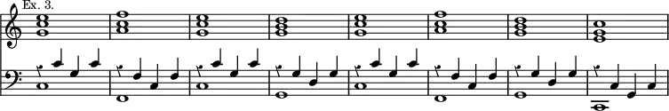 { << \new Staff \relative e'' { \time 4/4 \override Score.TimeSignature #'stencil = ##f \override Score.Rest #'style = #'classical \mark \markup \small "Ex. 3."
 <e c g>1 <f c a> <e c g> <d b g> <e c g> <f c a> <d b g> <c g e> }
\new Staff \relative c' { \clef bass
 << { r4 c g c | r f, c f | r c' g c | r g d g | %end line 1
      r c g c | r f, c f | r g d g | r c, g c } \\
    { c1 f, c' g c f, g c, } >> } >> }