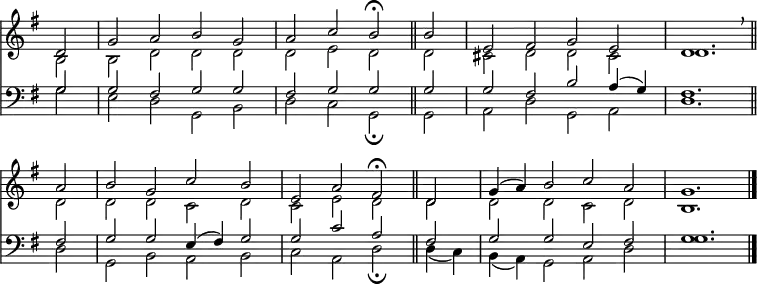 
<< <<
\new Staff { \clef treble \time 4/2 \key g \major \partial 2 \set Staff.midiInstrument = "church organ" \omit Staff.TimeSignature \set Score.tempoHideNote = ##t \override Score.BarNumber  #'transparent = ##t
  \relative c'
  << { d2 | g a b g | a c b \fermata \bar"||" b | e, fis g e | d1. \breathe \bar"||" \break
       a'2 | b g c b | e, a fis \fermata \bar"||" d | g4( a) b2 c a | g1. \bar"|." } \\
  { b,2 | b d d d | d e d d| cis d d cis | d1.
    d2 | d d c d | c e d d | d d c d | b1. } >>
}
\new Staff { \clef bass \key g \major \set Staff.midiInstrument = "church organ" \omit Staff.TimeSignature
  \relative c'
  << { g2 | g fis g g | fis g g g | g fis b a4( g) | fis1.
       fis2 | g g e4( fis) g2 | g c a fis | g g e fis | g1. } \\
  { g2 | e d g, b | d c g \fermata g | a d g, a | d1.
    d2 | g, b a b | c a d \fermata d4( c) | b( a) g2 a d | g1. } >>
}
>> >>
\layout { indent = #0 }
\midi { \tempo 2 = 69 }
