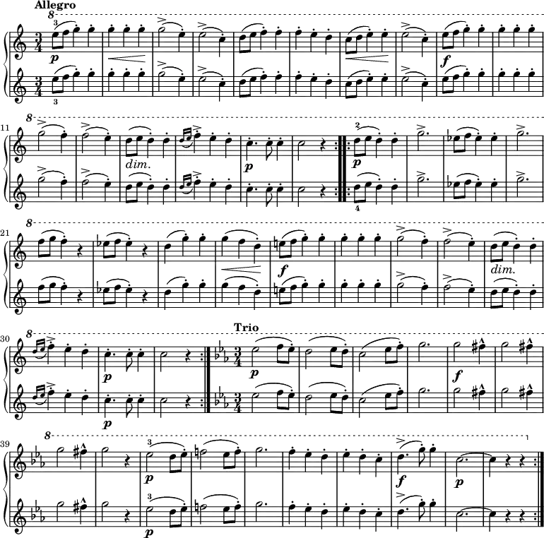 
\relative c'' {
  \new GrandStaff <<
    \new Staff { \time 3/4 \tempo "Allegro" \ottava 1 \repeat volta 2 {
     e'8\p-3 (f g4-.) g-. | g-.\< g-. g-.\! | g2-> (e4-.) | e2-> (c4-.) | d8 (e f4-.) f-. | f-. e-. d-. | c8\< (d e4-.) e-.\! | e2-> (c4-.) | e8\f (f g4-.) g-. | g-. g-. g-. || g2-> (f4-.) | f2-> (e4-.) |d8\dim ( e\! d4-.) d-. | \appoggiatura {d16 e} f4->-. e-. d-. | c4.\p-. c8-. c4-. | c2 r4 } \repeat volta 2 { d8\p-2 (e d4-.) d-. | g2.-> | ees8 (f ees4-.) ees-. | g2.-> | f8 (g f4-.) r | ees8 (f ees4-.) r | d (g-.) g-. | g\< (f d-.\!) | e!8\f (f g4-.) g-. | g-. g-. g-. | g2-> (f4-.) | f2-> (e4-.) | d8\dim (e\! d4-. ) d-. | \appoggiatura {d16 e} f4->-. e-. d-. | c4.\p-. c8-. c4-. | c2 r4 } \tempo "Trio" \key ees \major \time 3/4 ees2\p (f8 ees-.) | d2 (ees8 d-.) | c2 (ees8 f-.) | g2. | g2\f fis4-^ | g2 fis4-^ | g2 fis4-^ | g2 r4 | ees2\p-3 (d8 ees-.) | f!2 (ees8 f-.) | g2. | f4-. ees-. d-. | ees-. d-. c-. | d4.\f-> (g8-.) g4-. | c,2.\p~c4 r r \bar ":|."
          }
    \new Staff { 
 e,8_3 (f g4-.) g-. | g-. g-. g-. | g2-> (e4-.) | e2-> (c4-.) | d8 (e f4-.) f-. | f-. e-. d-. | c8 (d e4-.) e-. | e2-> (c4-.) | e8 (f g4-.) g-. | g-. g-. g-. || g2-> (f4-.) | f2-> (e4-.) |d8 ( e d4-.) d-. | \appoggiatura {d16 e} f4->-. e-. d-. | c4.-. c8-. c4-. | c2 r4 | d8_4 (e d4-.) d-. | g2.-> | ees8 (f ees4-.) ees-. | g2.-> | f8 (g f4-.) r | ees8 (f ees4-.) r | d (g-.) g-. | g (f d-.) | e!8 (f g4-.) g-. | g-. g-. g-. | g2-> (f4-.) | f2-> (e4-.) | d8 (e d4-. ) d-. | \appoggiatura {d16 e} f4->-. e-. d-. | c4.\p-. c8-. c4-. | c2 r4 | \bar ":|."  \key ees \major ees2 (f8 ees-.) | d2 (ees8 d-.) | c2 (ees8 f-.) | g2. | g2 fis4-^ | g2 fis4-^ | g2 fis4-^ | g2 r4 | ees2\p-3 (d8 ees-.) | f!2 (ees8 f-.) | g2. | f4-. ees-. d-. | ees-. d-. c-. | d4.-> (g8-.) g4-. | c,2.~c4 r r  
    }
  >>
}

