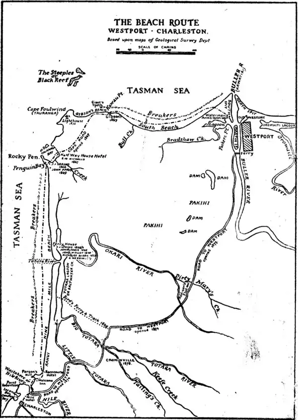 Map of the beach route, Westport–Charleston.