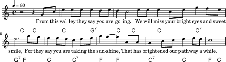 
{\language "english" \new PianoStaff
%%%%%%%%%%%%%%%%%%%%%%%%%%%%%%%%%%%%%%%%%%%%%%%%%%%%%%%%%%%%%%%%%%%%%%%%%%%%%%%%%%%%
\transpose c f
%%%%%%%%%%%%%%%%%%%%%%%%%%%%%%%%%%%%%%%%%%%%%%%%%%%%%%%%%%%%%%%%%%%%%%%%%%%%%%%%%%%%
<< \new Staff\relative c'{\set Staff.midiInstrument=  #"reed organ" \clef treble  \key g \major
%%%%%%%%%%%%%%%%%%%%%%%%%%%%%%%%%%%%%%%%%%%%%%%%%%%%%%%%%%%%%%%%%%%%%%%%%%%%%%%%%%%%
%%% Other instruments:  #"reed organ" | #"lead 2"                                         %
%%%%%%%%%%%%%%%%%%%%%%%%%%%%%%%%%%%%%%%%%%%%%%%%%%%%%%%%%%%%%%%%%%%%%%%%%%%%%%%%%%%%
\time 4/4 \tempo 4=80
% Notes
r2 r4 d8 g8       %1
b4 b8 b8 b4 a8 b8 %2
a4 g2      b8 b8  %3
b4 g8 b d4 c8 b   %4
a2. d8 c          %5
b4 b8 a g4 a8 b   %6
d4 c4 ~c4 e,8 e8   %7
d4 fs8 g8 a4 b8 a %8
g1             %9
} \addlyrics{
From this val -- ley they say you are go -- ing.
We will miss your bright eyes and sweet smile,
For they say you are ta -- king the sun -- shine,
That has bright -- ened our path -- way a while.
}

\new ChordNames  {\chordmode {\clef bass % Chords
g,2 g,            %1
g d:7             %2
g, g,             %3
g g:7             %4
d:7 c             %5
g g:7             %6
c c               %7
d:7 g            %8
c  g              %9
           }
             }>>}