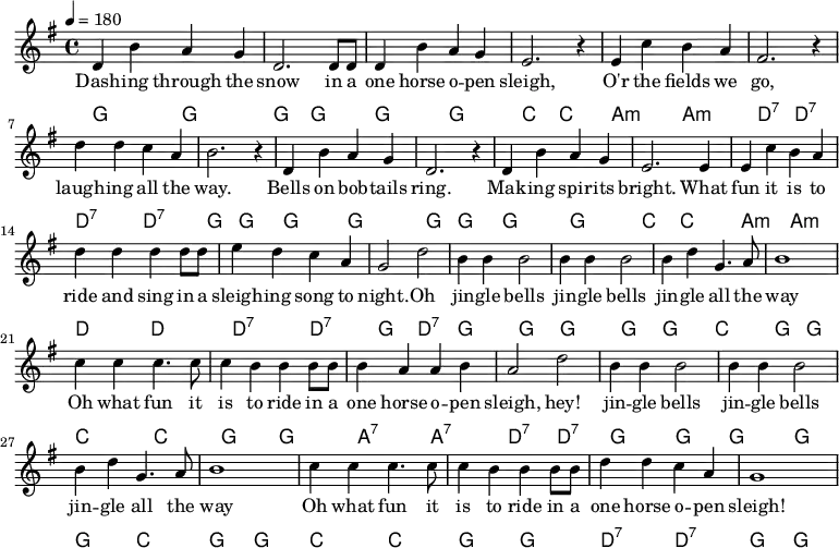 {\language "english" \new PianoStaff \transpose f g << \new Staff\relative c'{\set Staff.midiInstrument= #"lead 2" \clef treble   \key f \major \time 4/4  \tempo 4 = 180
c4 a' g f                | c2. c8 c8        | c4 a' g f            | d2. r4        | d bf' a g             |e2. r4
c'4 c bf g               |a2. r4            |c,4 a' g f            | c2. r4        |c a' g f               |d2. d4 
d bf' a g                |c c c c8 c8       |d4 c bf g             |f2 c'2         |a4 a a2                |a4 a a2 
a4 c f,4. g8              |a1                |bf4 bf4 bf4. bf8      |bf4 a a a8 a8  |a4 g g a               |g2 c2
a4 a a2                  |a4 a a2           | a4 c f,4. g8          |a1               
bf4 bf4 bf4. bf8         |bf4 a a a8 a8     |c4 c bf g             |f1
} \addlyrics{
Dash -- ing through the |snow in a          |one horse o -- pen    |sleigh,         |O'r the fields we      | go,
laugh -- ing  all the   |way.               |Bells on bob -- tails |ring.           |Mak -- ing spir -- its |bright. What
fun it is to            |ride and sing in a |sleigh -- ing song to |-- night. Oh    |jin -- gle bells       |jin -- gle bells
jin -- gle all the      | way               |Oh what fun it        |is to ride in a |one horse o -- pen     |  sleigh, hey! 
jin -- gle bells        |jin -- gle bells   |jin -- gle all the    | way    
Oh what fun it          |is to ride in a    |one horse o -- pen    |  sleigh!
}\new ChordNames  {\chordmode {\clef bass % Chords
%Dashing_f             |                    |                     | Sleigh_bf       |O'er_g:min              | go_c:7 
f,2 f,                 | f, f,              |  f, f,              |  bf,   bf,      | g,:min g,:min          |c,:7 c,:7 
%                      | way_f              |                     |                 |                        |bright_bf
c,:7 c,:7              | f,f,               | f,f,                | f,f,            | f,f,                   | bf,bf,
%fun_g:m               |ride_c              |sleighing_c:7        |night_f Oh_c:7   |  jingle_f              |
 g,:min g,:min         |c,c,                |c,:7 c,:7            | f,  c,:7        | f,f,                   | f,f,
%            all_bf    |way_f               |Oh_bf                |is_f             |one_g:7                 |sleigh_c:7 
f,            bf,      |f, f,               |bf,bf,               |f,f,             |g,:7 g,:7               |c,:7 c,:7
%jingle_f              |                    |              all_bf | way_f  
f,            f,       |f,    f,            |  f,          bf,    | f,      f,              
%Oh_bf                 |is_f                |one_c:7              |sleigh_f 
bf,          bf,       | f,     f,          |c,:7          c,:7     | f, f,
} }>>}