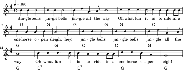  {\language "english" \new PianoStaff \transpose f g << \new Staff\relative c''{\set Staff.midiInstrument= #"lead 2" \clef treble   \key f \major \time 4/4  \tempo 4 = 180
a4 a a2                  |a4 a a2 
a4 c f,4. g8             |a1                |bf4 bf4 bf4. bf8      |bf4 a a a8 a8  |a4 g g a               |g2 c2
a4 a a2                  |a4 a a2           | a4 c f,4. g8          |a1               
bf4 bf4 bf4. bf8         |bf4 a a a8 a8     |c4 c bf g             |f1
} \addlyrics{
Jin -- gle bells        |jin -- gle bells
jin -- gle all the      | way               |Oh what fun it        |is to ride in a |one horse o -- pen     |  sleigh, hey! 
jin -- gle bells        |jin -- gle bells   |jin -- gle all the    | way    
Oh what fun it          |is to ride in a    |one horse o -- pen    |  sleigh!
}\new ChordNames  {\chordmode {\clef bass % Chords
f,            f,       |f,    f,            |  f,          bf,    | f,      f,              
bf,          bf,       | f,     f,          |c,:7          c,:7     | f, f,
} }>>}