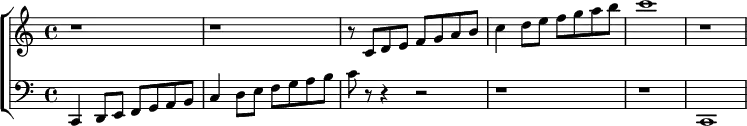 \language "english" \relative c{ \new ChoirStaff << \new Staff <<\new Voice 

\transpose c c 
% \transpose c c IS DEFAULT: CHANGE TO c d TWICE

{\clef treble \key c \major r1 r1 | r8  c' d'8 e' f' g' a' b' | c''4 d''8 e'' f'' g'' a'' b'' | c'''1 |r1} \new Staff 

\transpose c c 
% \transpose c c IS DEFAULT: CHANGE TO c d TWICE

{ \clef bass  \key c \major  c,4 d,8 e, f, g, a, b, | c4 d8 e f g a b | c' r8 r4 r2 r1 | r1 |c,1} >> >> }       
% close 