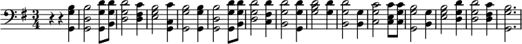 % Adding least one space before each line is recommended
{ \language "english" % Songs have the format <score>{lots of stuff}
\new PianoStaff <<
\new Staff \relative c {
\set Staff.midiInstrument = #"piano" \clef bass \time 3/4 \key g \major \transpose g c
r4 r4 <g g' b> % 1 A
<g d' b'>2 <g g' d'>8 <b g' d'>8 % 2 mazing
<d g d'>2 <d fs c'>4 % 3 grace h ow
<e g b>2 <c g c'>4 % 4 sweet the
<g g' b>2 <g g' b>4 % 5 sound that
<g d' b'>2 <g g' d'>8 <b g' d'>8 % 6 saved a
<d g d'>2 <c fs d'>4 % 7 wretch like
<b g' d'>2 <g g' d'>4 % 8 me I
<g' b d>2 <g d'>4 % 9 once was
<b, g' d'>2 <b g'>4 % 10 lost but
<c g' c>2 <c e c'>8 <c g' c>8 % 11 now am
<g g' b>2 <b g'>4 % 12 found, was
<e g b>2 <d g d'>4 % 13 blind, but
<d g d'>2 <d fs c'>4 % 14 now I
<g, g' b>2. % 15 see
} >> }