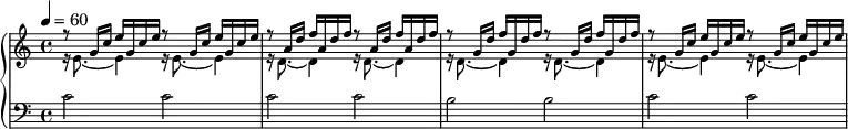 {
<<
\new PianoStaff <<
\new Staff\with{ \magnifyStaff #4/5 } <<
\clef treble \key c \major \time 4/4 \tempo 4 = 60
\new Voice \relative c'' {
\voiceOne r8 g16 c e g, c e r8 g,16 c e g, c e
r8 a,16 d f a, d f r8 a,16 d f a, d f
r8 g,16 d' f g, d' f r8 g,16 d' f g, d' f
r8 g,16 c e g, c e r8 g,16 c e g, c e
}
\new Voice \relative c' {
\voiceTwo r16 e8._~ e4 r16 e8._~ e4
r16 d8._~ d4 r16 d8._~ d4
r16 d8._~ d4 r16 d8._~ d4
r16 e8._~ e4 r16 e8._~ e4
}
>>
\new Staff \with{ \magnifyStaff #4/5 }<<
\clef bass \key c \major \time 4/4
\new Voice \relative c' {
c2 c c c b b c c
}
>> >>
>> }