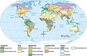 This map of Earth's solid and liquid surface is divided into climate zones, largely influenced by latitude. Credit: Waitak.