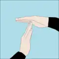 Time up - time to turn the dive and start heading back: Flat hand held roughly horizontal with tips of other flat hand's fingers touching the palm at right angles. Can also signify half of starting air remaining (in response to the "Pressure" signal).