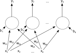A single-layer feedforward artificial neural network. Arrows originating from '"`UNIQ--postMath-0000000E-QINU`"' are omitted for clarity. There are p inputs to this network and q outputs. In this system, the value of the qth output, '"`UNIQ--postMath-0000000F-QINU`"' would be calculated as '"`UNIQ--postMath-00000010-QINU`"'.