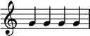 {
\override Score.TimeSignature
#'stencil = ##f
\override Score.SpacingSpanner.strict-note-spacing = ##t
\set Score.proportionalNotationDuration = #(ly:make-moment 1/4)
\time 4/4
{
\clef treble
g' g' g' g'
}
}