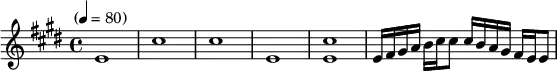 
\language "english" \relative c\transpose c e'' 
{\set Staff.midiInstrument = #"lead 2" \key c\major \time 4/4 \tempo "" 4 = 80
c,1 a,1 a,1 c,1 <a,c,> c,16 d, e, f, g, a, a,8 a,16 g, f, e, d, c, c,8 
}  