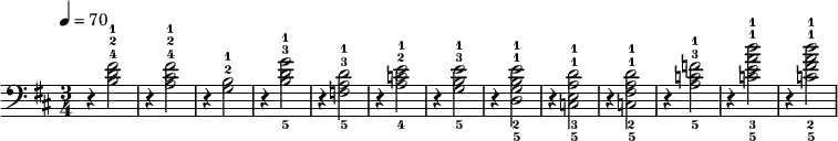 \language "english" <<
\time 3/4 \key d \major \relative c'
{
\clef bass\tempo 4=70
r4 <b d fs>2-4-2-1 |
r4 <a cs fs>2-4-2-1 |
r4 <g b>2-2-1 |
r4 <b-5 d-3 g-1>2 |
r4 <f-5 a-3 d-1>2 |
r4 <a-4 c-2 e-1>2 |
r4 <g-5 b-3 e-1>2 |
r4 <d-5 g-2 b-1 e-1>2 |
r4 <c-5 e-3 a-1 d-1>2 |
r4 <c-5 fs-2 a-1 d-1>2 |
r4 <a'-5 c-3 f-1>2 |
r4 <c-5 e-3 a-1 d-1>2 |
r4 <c-5 fs-2 a-1 d-1>2 |%End part A
}
>>