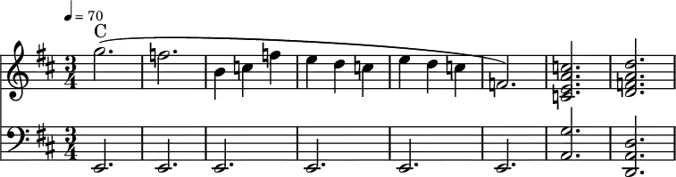 %LILY_PREAMBLE
\language "english" {\new Staff \with{\magnifyStaff #4/3 }%Need gap before bracket
<<\time 3/4 \key d \major \relative c''{\clef treble\tempo 4=70
g'2.^\markup {C} ( |f2. | b,4 c f | e d c |%36 Begin part 1C
e d c |f,2. ) |<c e a c> |<d f a d> |%40 End part 1C
}\new Staff \with{\magnifyStaff #4/3 }%Need gap before bracket
<<\time 3/4 \key d \major \relative c'{\clef bass
% BEGIN PART 2C
% END PART 2C
} \new Voice= "first" \relative c {\clef bass\voiceOne
e, |e | e | e |%36 BEGIN PART 3C
e |e | | <a g'> | <d, a' d> |%40 END PART 3C
}>>>>}