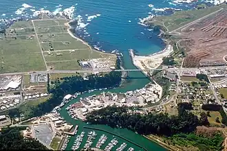Aerial view of Noyo Harbor in Fort Bragg