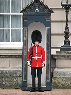 Soldier of the Coldstream Guards, with tunic buttons in pairs, in red tunic and bearskin, guarding Buckingham Palace.